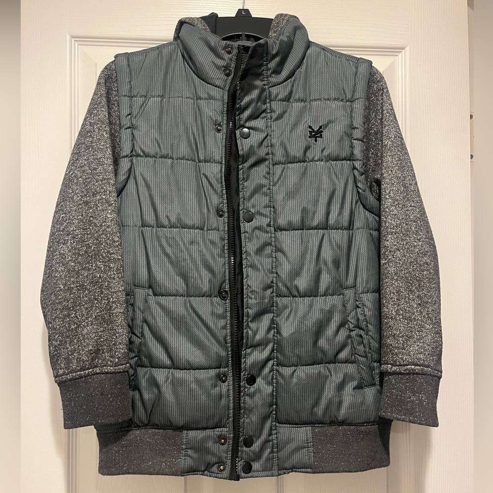 Boys jacket size M 8/10 grey/army green with a hoodie.